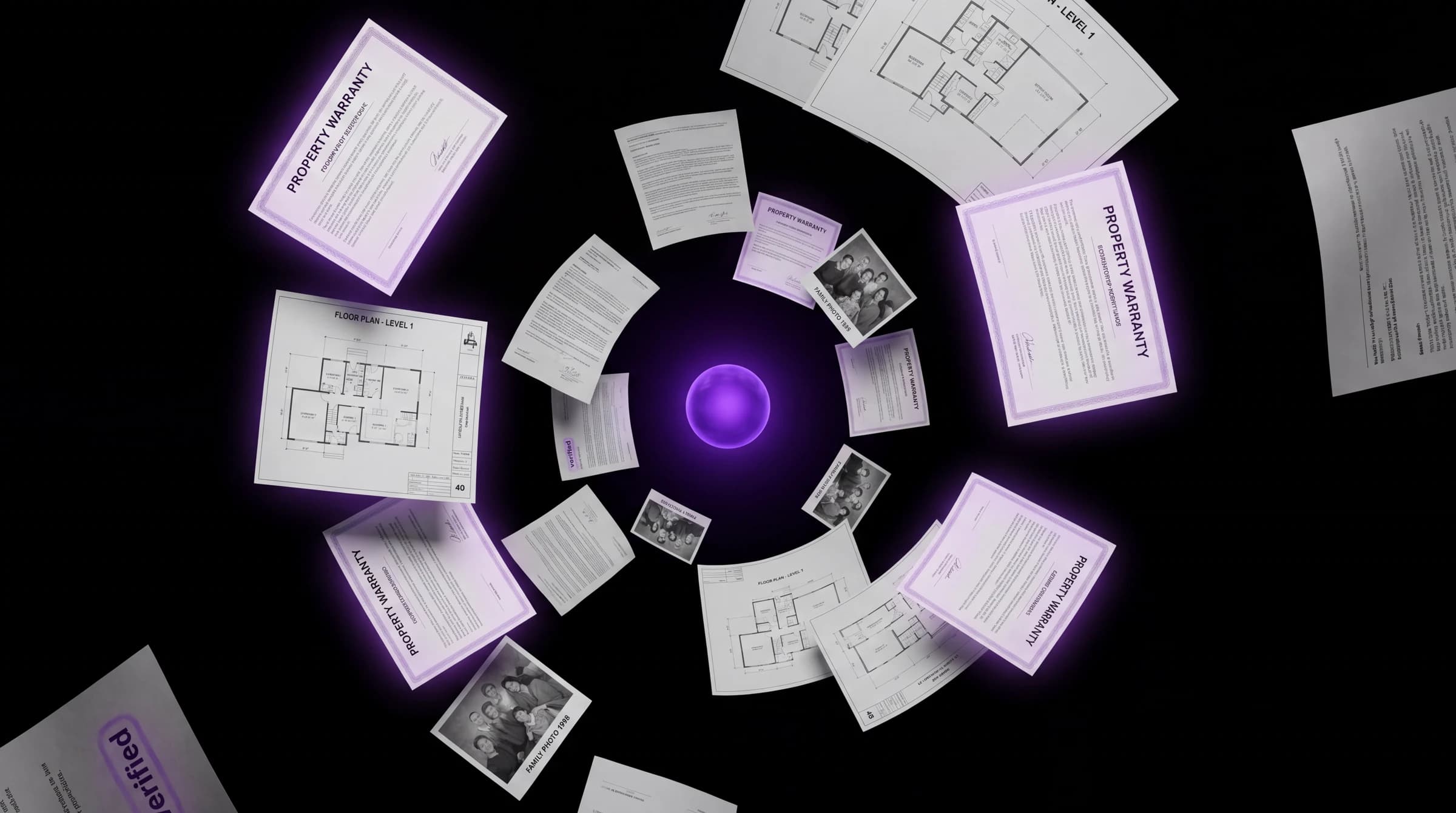 Property documents and floor plans converging on a glowing violet Core