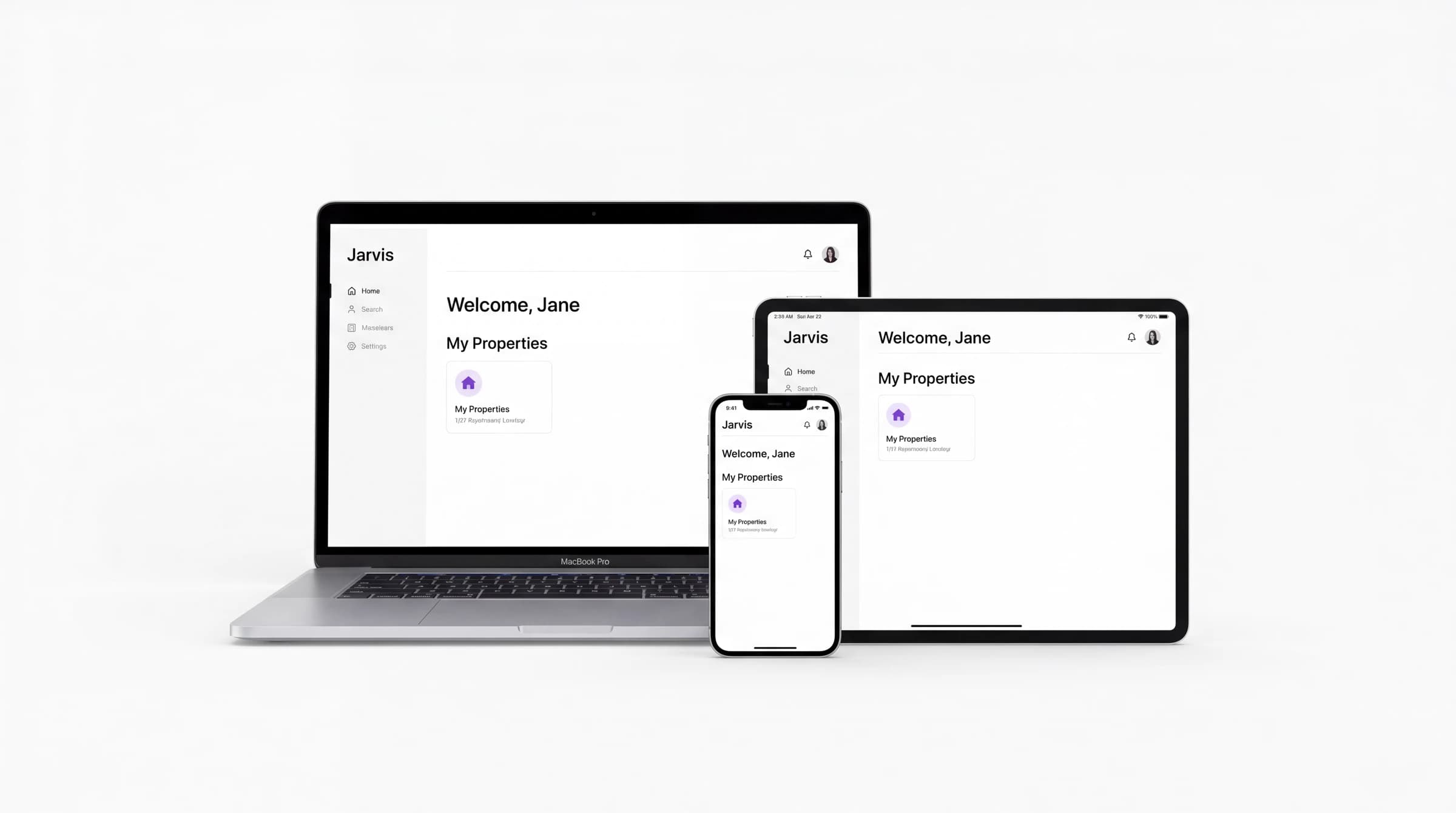 The Jarvis interface shown on a laptop, tablet and phone